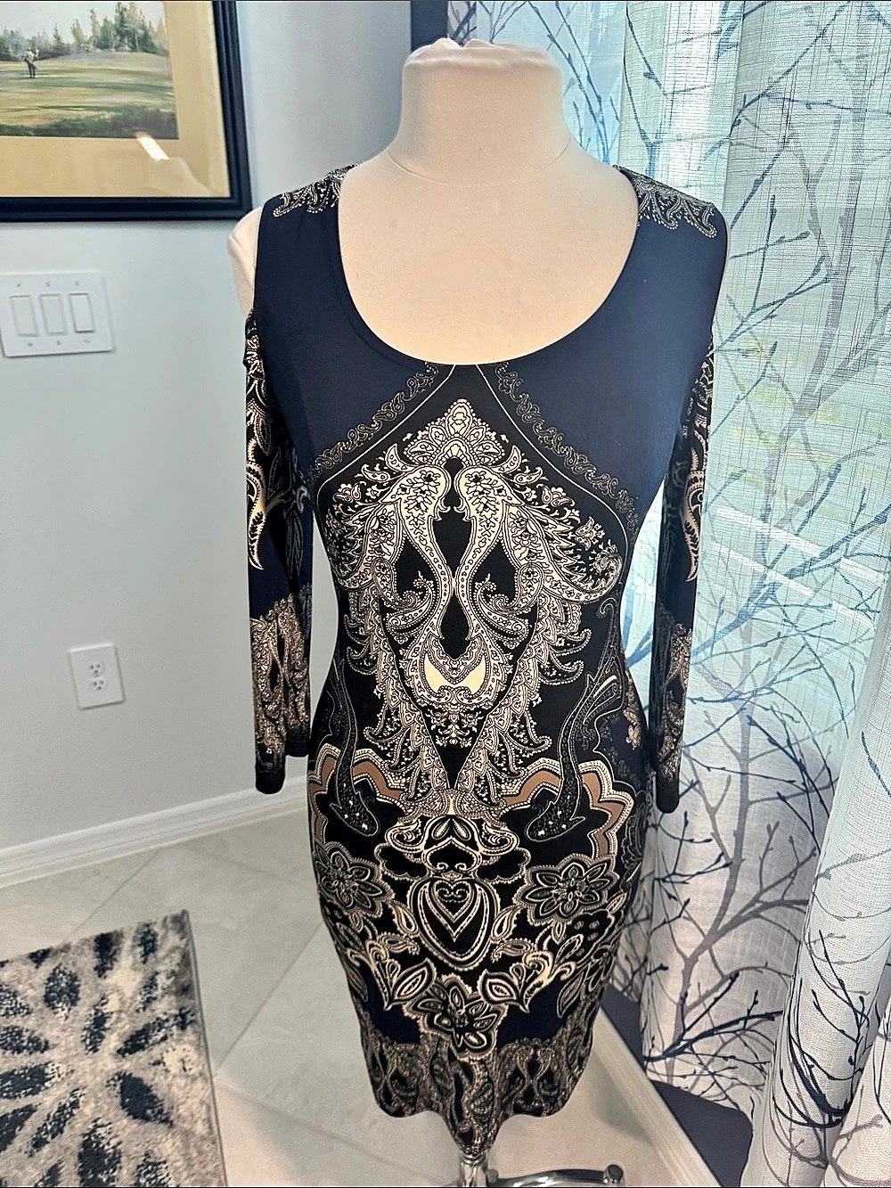 VENUS Paisley Mini Dress in Black & Gold Size Small